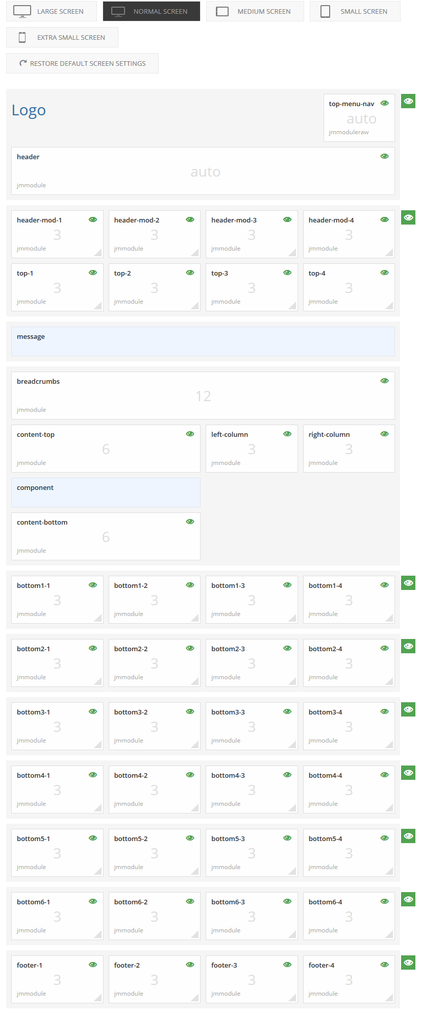 Module positions for normal and large screen